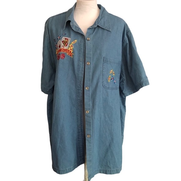 Vintage Womens Split Hem Chambray Button Down Short Sleeve Shirt Sz L - Picture 1 of 10